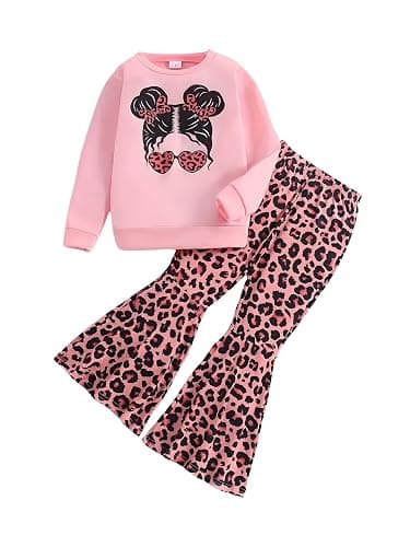 KIDLAGA Toddler Girl Clothes Figure Graphic Drop Shoulder Top Pullover Leopard Print Flared Pants Fall Winter Outfit Set - Image 1