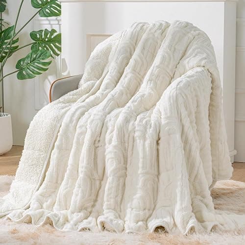 Sherpa Fleece Adult Weighted Blanket Great for Sleep, 15 lbs Dual Sided Soft Fuzzy Heavy Blankets for Couch Bed Sofa, Cozy Warm Arched Jacquard Throw for Winter (Cream White, 48" x 72", 15 Pounds) - Image 1