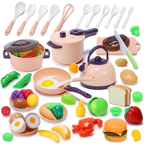 CUTE STONE 51-Piece Mini Play Kitchen Accessories for Kids, Pretend Cooking Playset with Pots, Pans, Utensils, Cutting Fun Fruits & Veggies, Learning Gift for Toddlers, Girls & Boys - Image 1