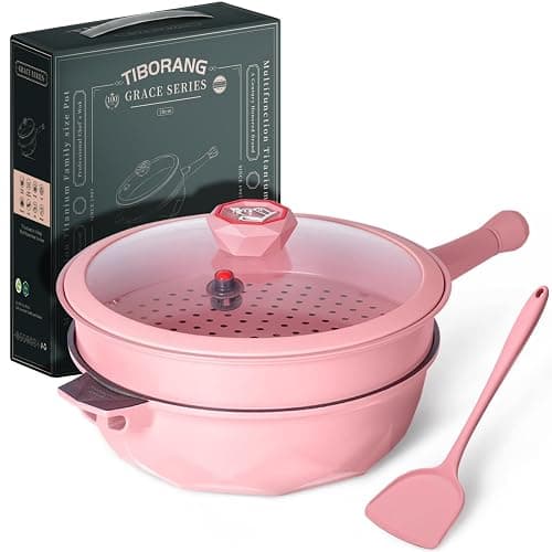 TIBORANG 8 in 1 Multipurpose 11 Inch 5 Quart Heat Indicator Nonstick Deep Frying Pan with Glass Lid, Stay-cool Handle, Steamed Grid, PFOA-Free,Dishwasher and Oven Safe,Works with All Stovetops (Pink) - Image 1