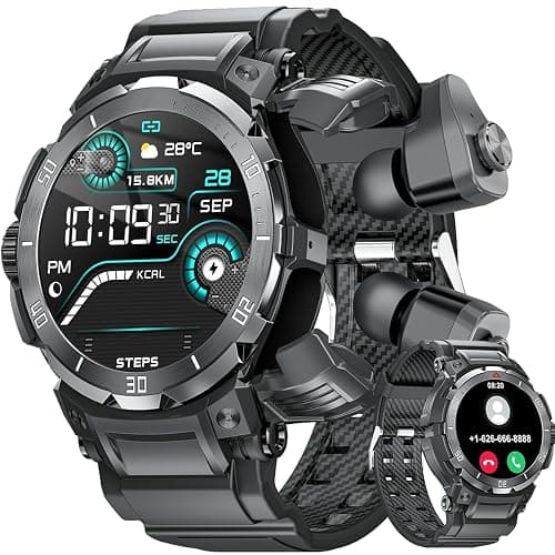 FANCHENGZI Military Smart Watch with Earbuds for Men, Bluetooth Calling can Answer and Make Calls, IP67 Waterproof Fitness Smart Watch, Sports Fitness Tracker with Step, for Men Dad Husband - 90black - Image 1