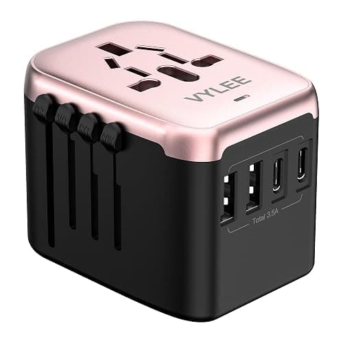 VYLEE Universal International Power Travel Plug Adapter, 5 in 1 European Travel Plug Adapter W/ 3.5A 2xUSB-A and 2xUSB C Wall Charger and Worldwide AC Outlet for Europe USA UK AUS Asia(Rose Gold) - Image 1
