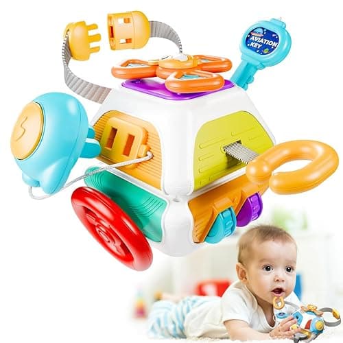 Briuhap Busy Board Cube Toys, Sensory Travel Toys for Toddlers with 10 Educational Activities, Great Baby Shower and First Birthday Gifts, Baby Travel Essentials - Image 1