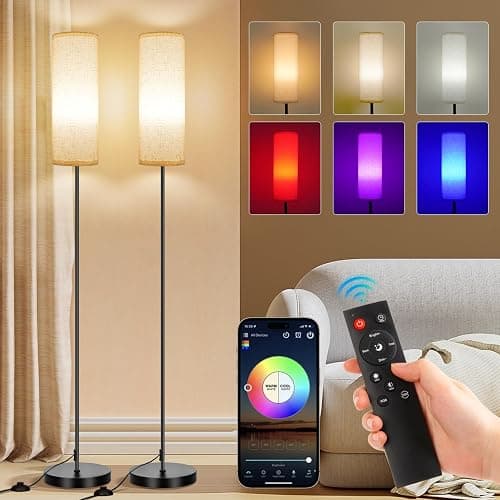 FRIDEKO HOME 2 Pack Floor Lamps for Living Room, Dimmable Colors Temperature & Brightness, 67" Modern Floor Lamp with Remote, Tall Standing Lamps for Kid Room Bedroom Office, Beige Shade 9W RGB Bulb - Image 1
