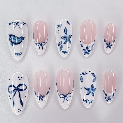 24Pcs Blue Flower Press on Nails Medium Almond French Tip Fake Nails with Bow Design White Glossy False Nails Full Cover Artificial Glue on Nails Spring Summer Stick on Nail for Women DIY Manicure - Image 1