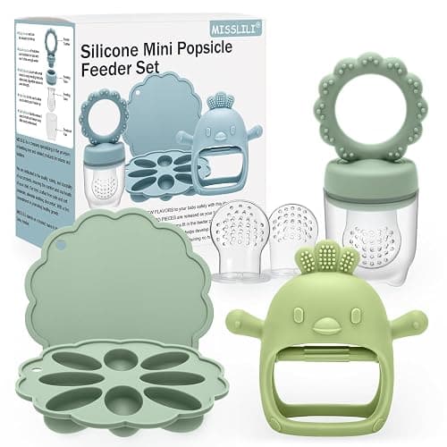 3 Pack Silicone Teething Mitten for Babies with Baby Fruit Food Feeder & Freezer Tray Set, BPA Free Infant Teething Relief Toy for 3 Month+, Additional Silicone Sacs - Image 1