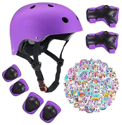 Kids Bike Helmet with Knee Elbow Wrist Pads Guards,Pink,for Ages 2-3-5-8-14,Sports Bicycle,Skate Scooter,Rollerblading with Unicorn Sticker - Small: 18"-22"/ 2-8 years old - Purple - Image 1