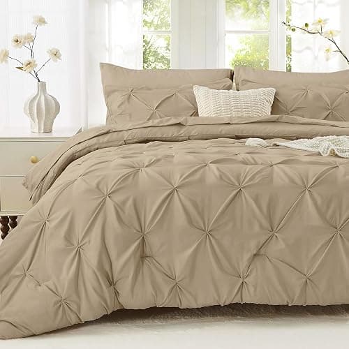 Sasttie Queen Comforter Set, 7-Piece Bed in a Bag, Pintuck Bedding Sets for All Season, Includes Comforter, Flat Sheet, Fitted Sheet, Pillowcases and Pillowshams, Dark Linen - Image 1