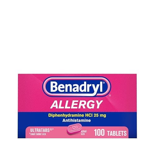 Benadryl Ultratabs Allergy Medicine, 25 mg Diphenhydramine HCl Antihistamine Tablets For Cold & Allergy Relief of Symptoms Like Sneezing, Runny Nose, Itchy Eyes & Throat, Hay Fever, 100 Count Tablets - Image 1