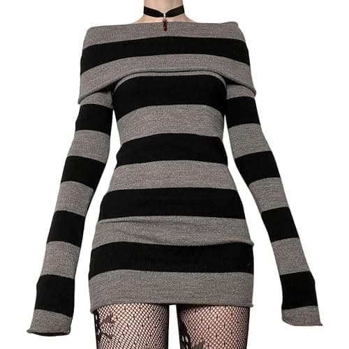 BHMAWSRT Women Off The Shoulder Sweater Dress Stretch y2k Striped Longsleeve Sweater Dress Winter Party Clubwear - Image 1