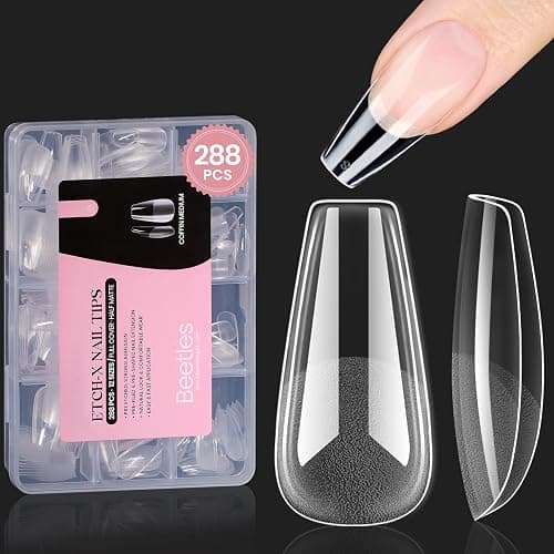 Beetles Gel Nail Tips Medium Coffin Etch X, 12 Sizes 288Pcs Pre Shaped Half Matte Full Cover Press On False Nails for Pastel Acrylic Fake Nail Extensions Kit Salon Manicure Gift for Women - Image 1