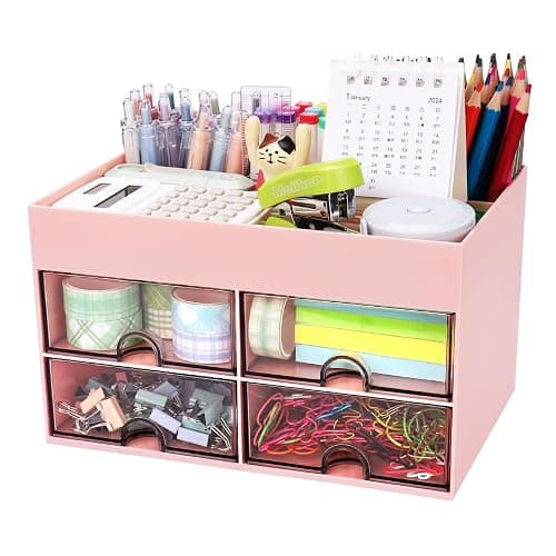 Meiikun Desk Organizer, Office Organizer with Drawer, Desk Accessories & Workspace Organizers, Pen Holder Office Supplies for Desk (4 Drawers+4 Compartments, Pink) - 4 Compartments + 4 Drawer (Pink) - Image 1