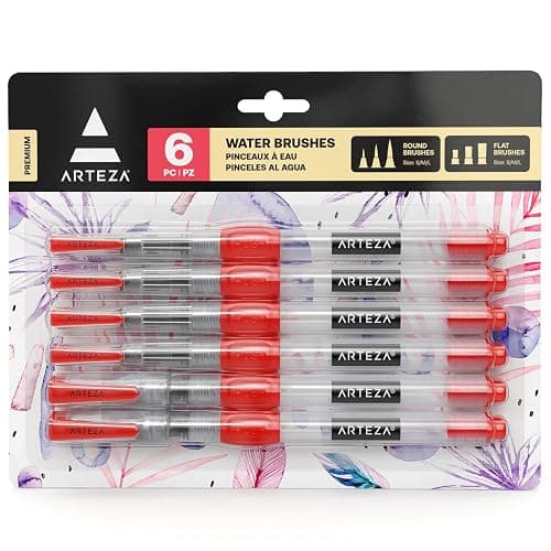 Arteza Water Brush Pens, Set of 6, with Assorted Soft Nylon Bristle Tip Sizes, Self-Moistening Water Color Paint Pens for Aquarelle, Ink, and Watercolor Painting - Image 1