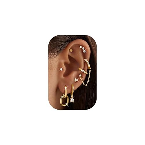 LOLIAS Hypoallergenic 14K Gold Plated Hoop Stud Earring Stacks for Women Trendy - Chain Cartilage Earrings Cute Silver Huggie Earrings Sets for Multiple Piercing Jewelry Lightweight 8Pairs - Image 1