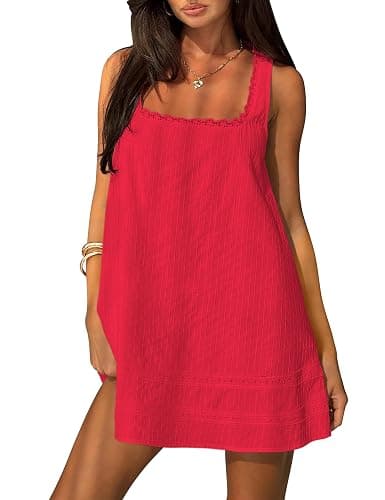FOMELY Womens Square Neck Cotton Sundress Casual Summer Mini Dress 2026 | Sleeveless Tank Dresses for Women Lace Flowy Sundress, Ideal for Beach, Vacation, Daily Wear, Comfy&Cute Style - Image 1