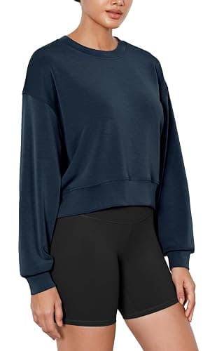 ODODOS Modal Soft Long Sleeve Cropped Sweatshirts for Women Oversized Crew Neck Pullover Crop Top - Large - Navy - Image 1