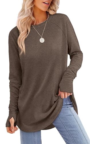 XIEERDUO Womens Tunic Tops to Wear with Leggings Long Sleeve Thumb Hole Shirts Crew Neck Curved Hem - Image 1