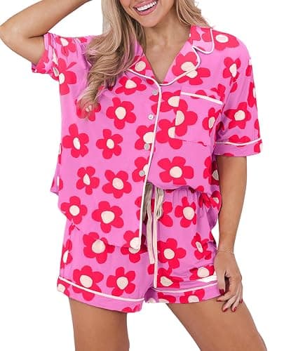 KevaMolly Womens Pajama Sets Pink Flower Print Buttoned Drawstring Waist Lounge Set Short Sleeve Top and Shorts - Image 1