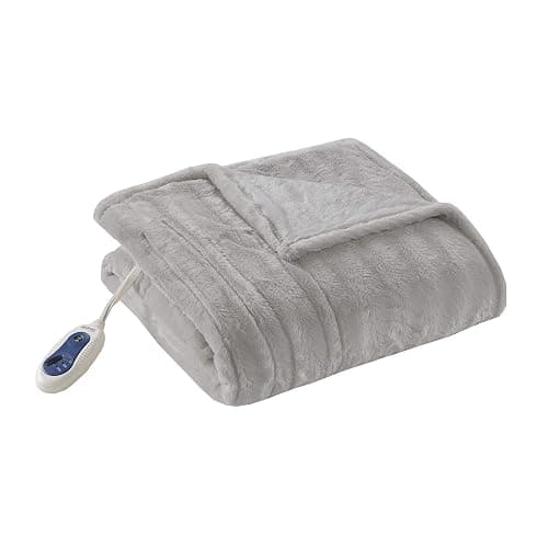 Beautyrest Duke Blanket Luxury Oversize Electric Throw Premium Soft Cozy Brushed Long Faux Fur for Bed, Couch with 3 Heat Setting Controller, Auto Shut-Off Function, Grey, 50 in x 70 in - Image 1