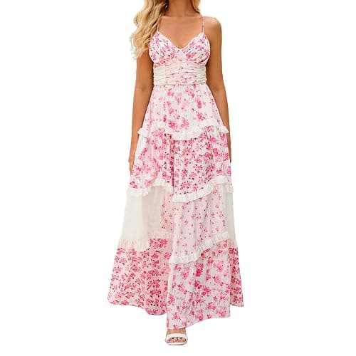 GUCURIN Women Floral Maxi Dress Spaghetti Strap V Neck Patchwork Bohemian Flowy Dresses Summer Fall - Image 1