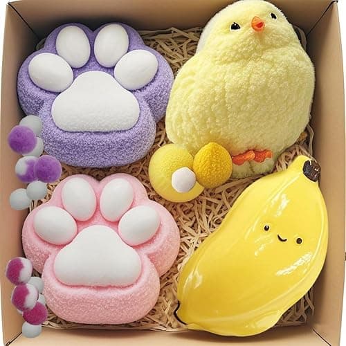 4pcs Taba Big Squishy Toys Set - 1 Mega Chick, 1 Banana & 2 Cat Paw Stress Relief Squishies for Kids & Adults, Cute Slow-Rise Sensory Fidget Toys for Anxiety Relief, Party Favors, Classroom Rewards - Image 1