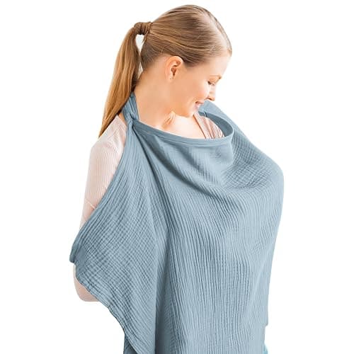 Konssy Muslin Nursing Cover for Baby Breastfeeding, Breathable 100% Cotton Breastfeeding Cover with Rigid Hoop for Mother Nursing Apron, Multi-use Carseat Canopy (Blue) - Image 1