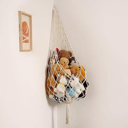 Amdermi Stuffed Animal Storage Organizers Corner Hanging Ne 60" L Stuffy Animal Hammock Macrame Toy Display Plush Toy Holder Wall, Kid Bedroom Decor Boho Nursery Playroom Organizer 60" L (Cream) - Image 1