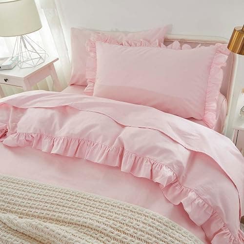 Brandream Kid's Duvet Cover Twin/Twin XL Size,100% Organic Cotton 2pcs Girl Bedding Duvet Cover Set, Ruffled Fringe Solid Color Breathable Soft with Zipper Closure & Corner Ties(Pink) - Image 1