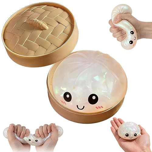Glitter Dumpling Squishy, Soft Squeeze Stress Relief Fidget Ball with Mini Steamer Box, Colorful Stretchy Decompression Sensory Toy for Adults & Kids (Glitter White) - Image 1
