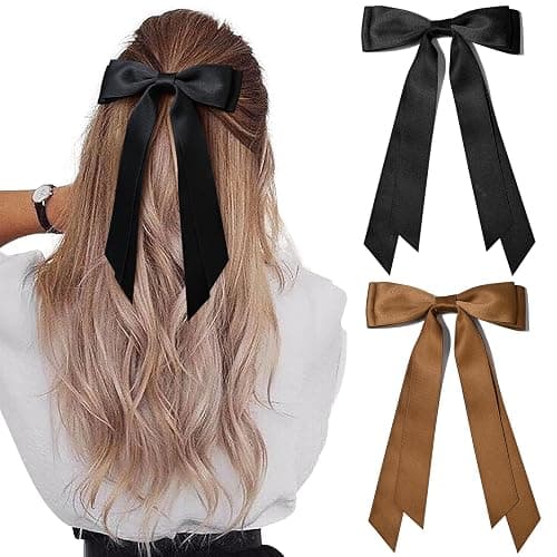 2PCS Silky Satin Hair Bows Hair Clip Black Brown Hair Ribbon Ponytail Holder Accessories Slides Metal Clips Hair Bow for Women Girls Toddlers Teens Kids - Image 1