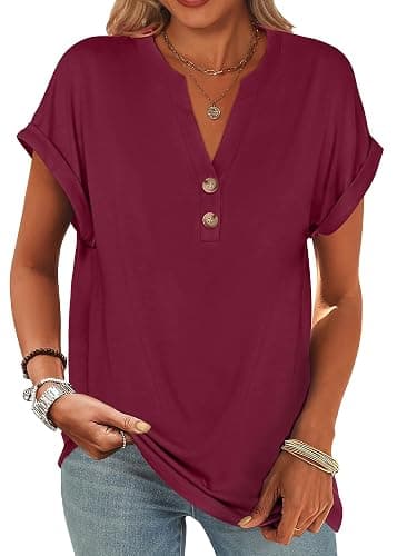 ANRABESS Womens Short Sleeve Henley Tops V Neck Dressy Casual Blouses Summer Trendy Tee Shirts 2025 Vacation Fashion Clothes - Image 1