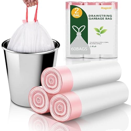 2 Gallon Small Trash-Bags Drawstring Bathroom - White Mini Garbage Bags 60 Count Plastic Unscented 7.5L Tiny Waste Basket Liners Kitchen Office Car Strong Thick Bulk Magesh - Image 1