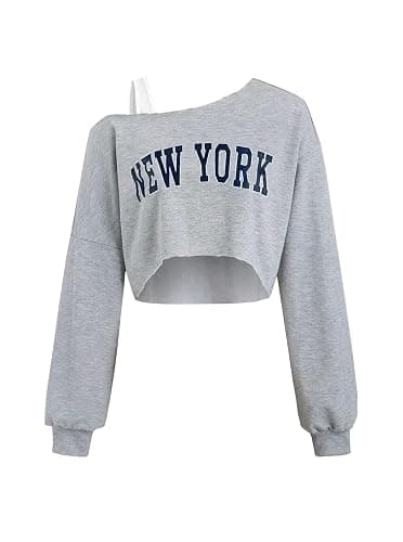 Remidoo Off The Shoulder Tops for Women Cropped Sweatshirt Long Sleeve Top Asymmetrical Patchwork Shirt - Image 1