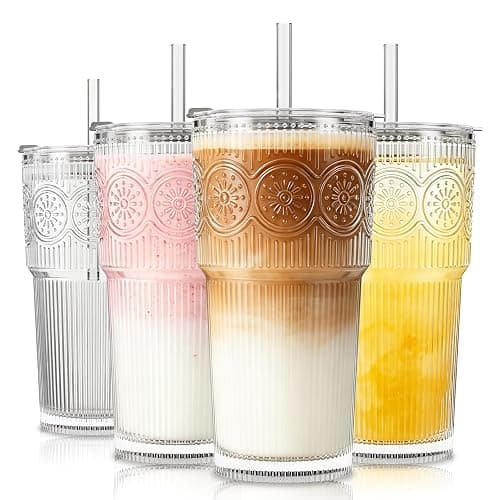 SoulTimes 20oz Ribbed & Floral Glass Tumbler Set of 4 – Reusable Glass Cups with Lid and Glass Straw, To-Go Iced Coffee Cups for Water, Smoothie, Milk, Cocktail & More – Perfect for Daily Use & Travel - Image 1