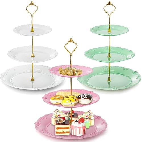 Fasmov 3 Pack 3 Tier Plastic Cupcake Stand, Dessert Plates Cake Fruit Candy Display Tower Reusable Pastry Platter for Wedding Birthday Baby Shower Tea Party Decorations - White, Pink Green - Image 1