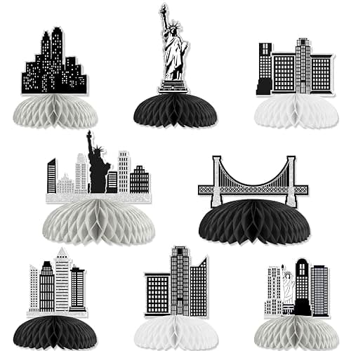 Cheerupp 8 Pcs Black New York City Theme Honeycomb Centerpieces Decorations | NYC Theme, Skyscraper Table Toppers, Night Scene 3D Table Signs, Doubles Sided, for National Day, Baby Shower Bday Party - Image 1