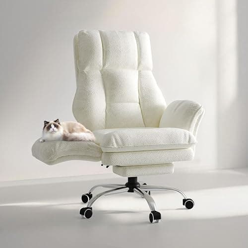 Big and Tall Office Chair, Flip Armrests for Pets & Cross Legged Sitting, Executive Ergonomic Computer Gaming Chair with Foot Rest, Teddy Fleece Wide Seat Reclining Desk Chair, White Vanity Chair - Image 1