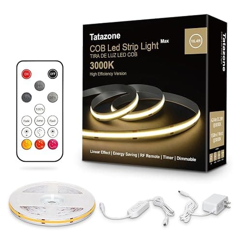 Tatazone White COB Led Strip Lights Max with RF Remote, 16.4ft 3000K Dimmable Ultra Bright Warm White COB Light Strip, Adhesive Indoor COB Led Lights for Living Room, Shelf, Cabinet - Image 1