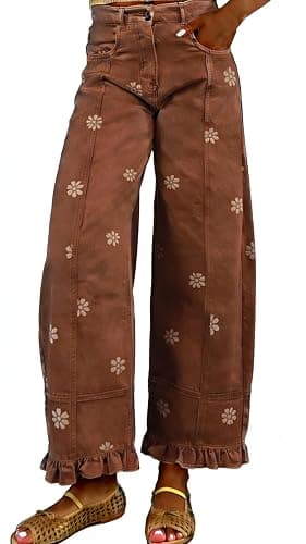 utcoco Barrel Jeans Women 2026 Floral Print Wide Leg Jeans Y2k Patchwork Baggy Boyfriend Denim Pants - Image 1
