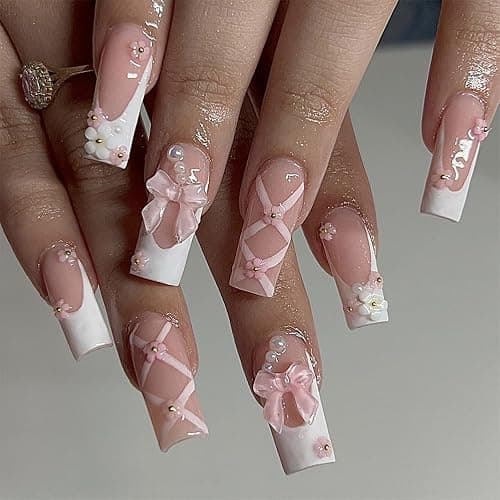 Angwis 24pcs Medium Square False Nails French Tip White Edge Stick on Nails 3D Bow Flower Press on Nail with Mini Pearl Removable Glue on Acrylic Full Cover Fake Nail Art Accessories for Women - Image 1