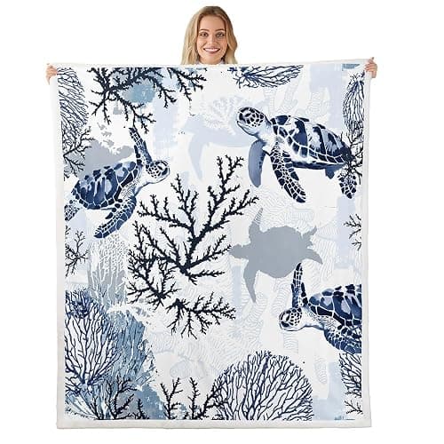 Turtle Sherpa Blanket White Blue Sea Hawaiian Fleece Throw for Bed Sofa Couch - Ocean Beach Theme Fuzzy Plush Underwater Tortoise Blanket 50"x60" - Image 1