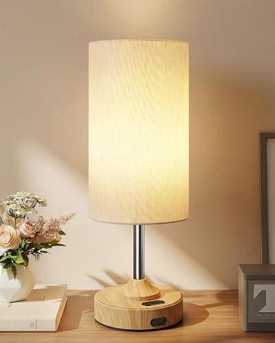 EZVALO Cordless Table Lamp, Ambient Light, Dimmable, Touch, Timer, 2700K, Bedroom, Portable, LED, Wireless, Rechargeable, Battery Operated, Desk Lamp, Fabric Shade, Wood-Grain Finish, Living Room - Image 1