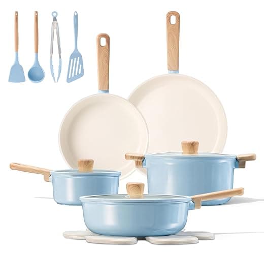 CAROTE 16pcs Ceramic Cookware Set, Pots and Pans Non Stick Kitchen Cookware Sets, Pots and Pans Set Cooking Set with Knife Set - Image 1