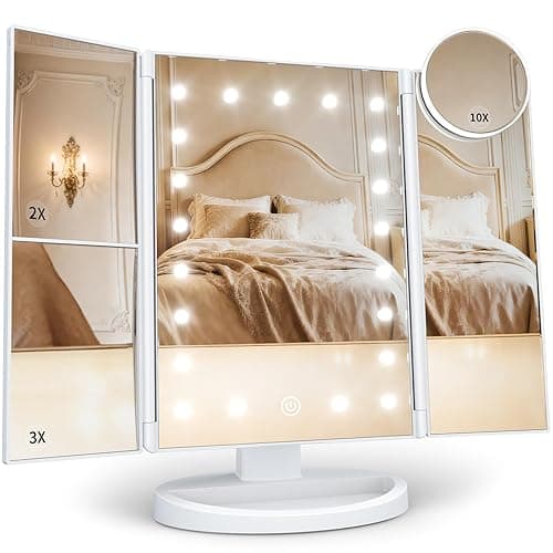 HUONUL Makeup Mirror Vanity with Lights, 2X 3X 10X Magnification, Touch Control, Trifold Mirror, Dual Power Supply, Gifts for Women, Wife, Mom, Teengirls(White) - Image 1
