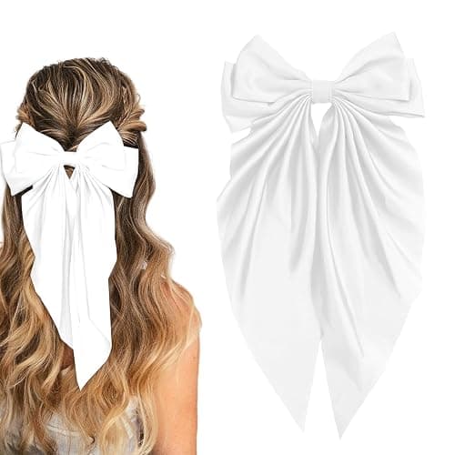 ILLPTA Hair Bow for Girls,Cute Bow Hair Clips for Women Oversized Satin Hair clips Long Ribbon Hair Accessories Gifts for Girl (Pure white) - Image 1