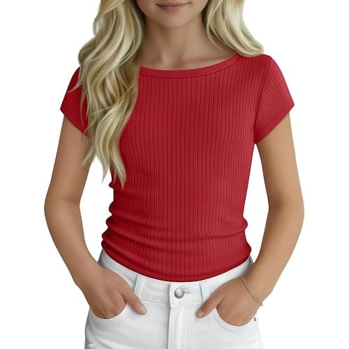 Oakgarden Shirts for Girls Cap Sleeve Ribbed Tops Short Sleeve Summer Slim Fit Tank Tops Casual Cute Basic Tees 5-14 Years - Image 1