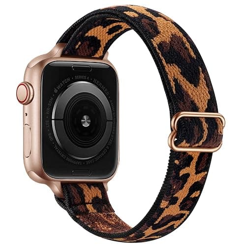 SICCIDEN Slim Stretchy Bands Compatible with Apple Watch Band 42mm 41mm 40mm 38mm, Women Elastics Nylon Thin Strap for iWatch SE 3/2/1 Series 11 10 9 8 7 6 5 4 3 2 1 (Leopard/Rose Gold) - Image 1