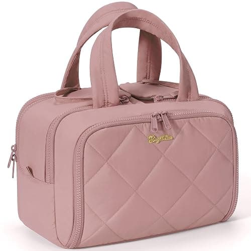 Travel Toiletry Bag, Large Wide-open Puffy Toiletry Bag for Women, Lightweight Quilted Makeup Bag Cosmetic Organizer with Handle Water-resistant Travel Essentials for Toiletries Accessories Dark Pink - Image 1