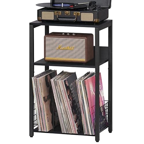 LELELINKY Black End Table, Small Side Table with Metal Frame,Modern Record Player Stand with Storage Shelf, Wood 3 Tier Sofa Bedside Tables, Narrow Nightstand for Living Room Bedroom Office - Image 1