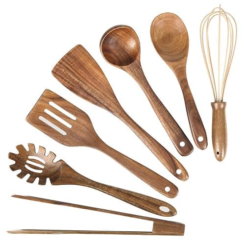 Wooden Utensil for Cooking, Wood Kitchen Utensils Cooking Set Teak Wood Spoons set for Cooking,Spatulas Non-Stick for Cookware Kitchen Spoon (7) - Image 1